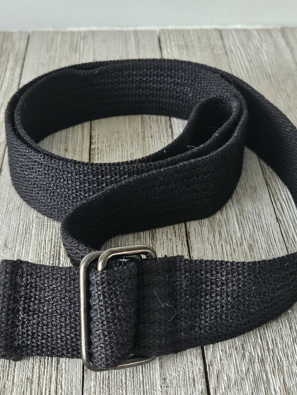 Black Woven Cotton Canvas Web Belt with Metal Double Ring Buckles .Measures 1.5"